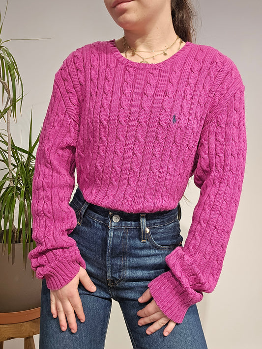 Pull col rond en maille torsadée rose - L/XL