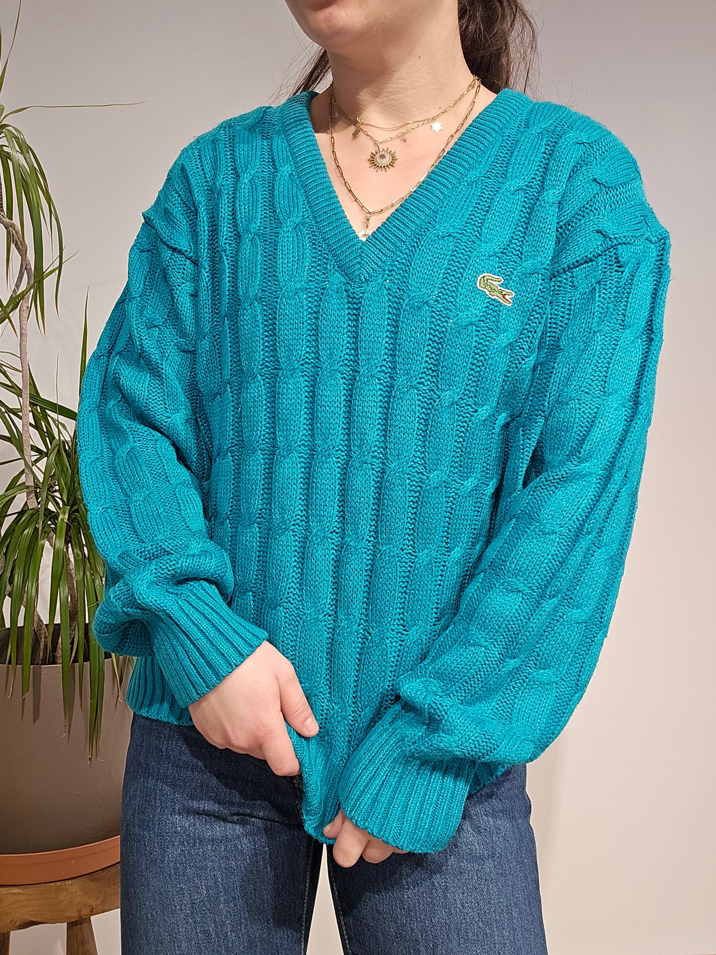 Pull col V en maille torsadée turquoise des aqnnées 80' - S