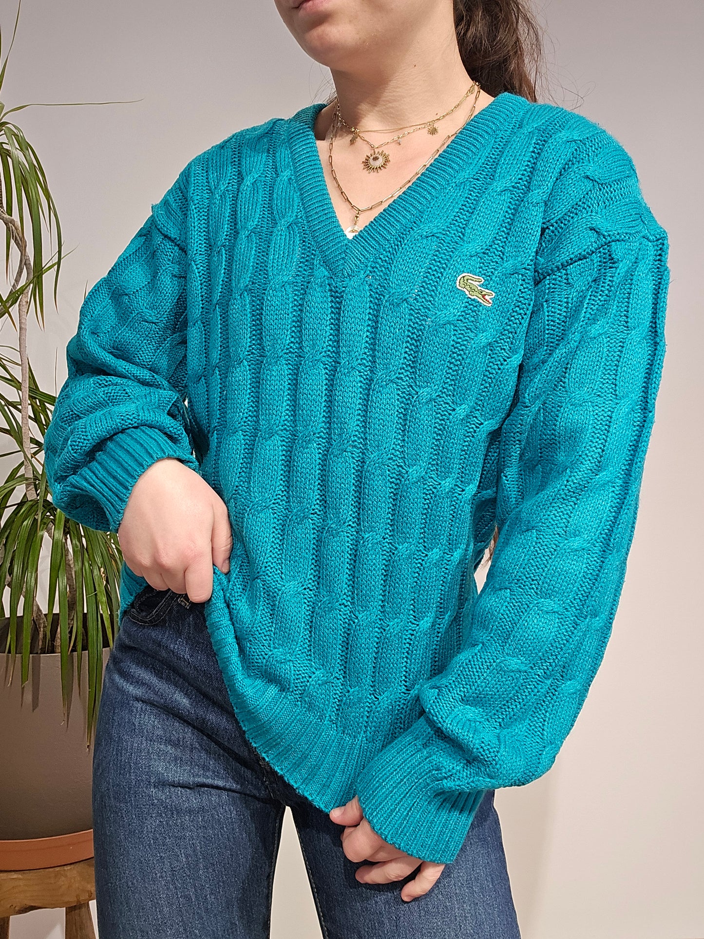 Pull col V en maille torsadée turquoise des aqnnées 80' - S