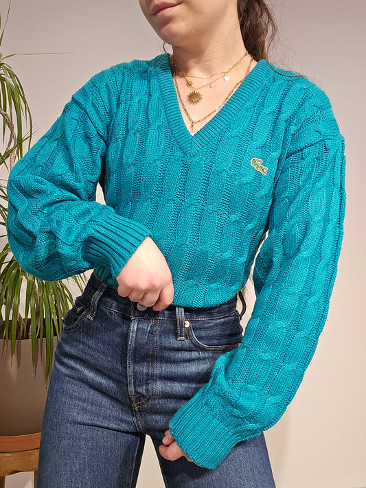 Pull col V en maille torsadée turquoise des aqnnées 80' - S