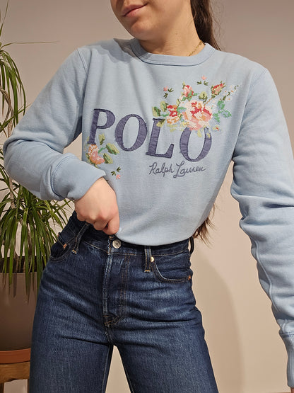 Sweat bleu brodé fleuris - XS