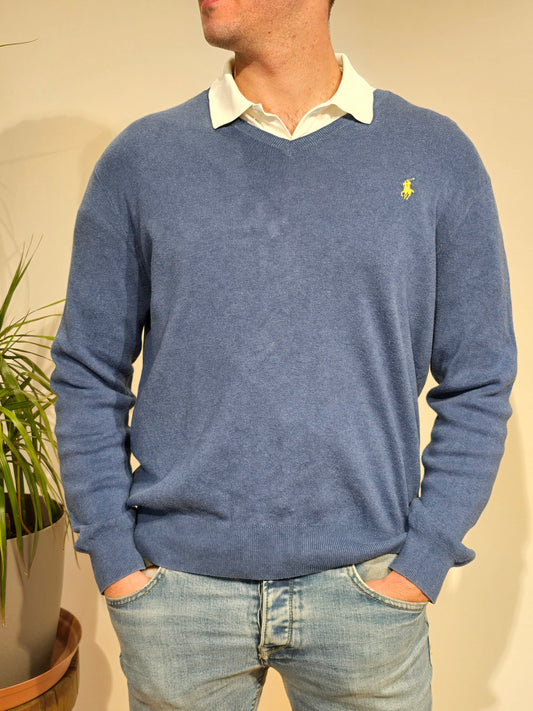 Pull léger col V en coton bleu - L