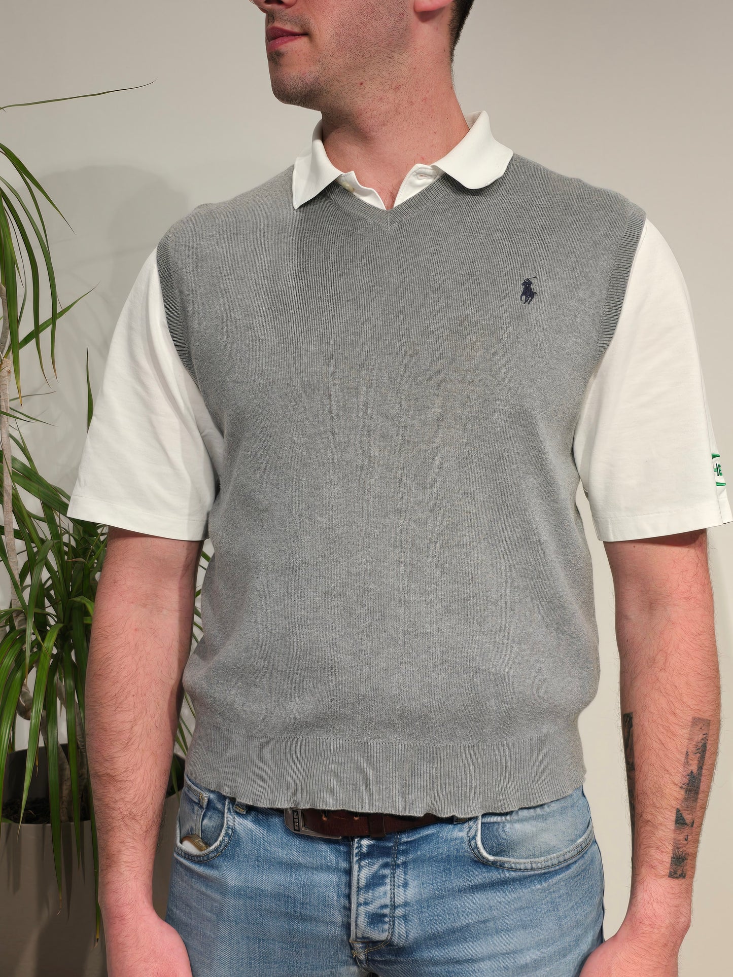 Pull col V en coton gris sans manches - S/M