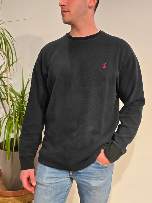 Pull col rond en maille piquée noir - XL
