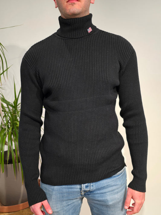 Pull col roulé en maille côtelée noir - L