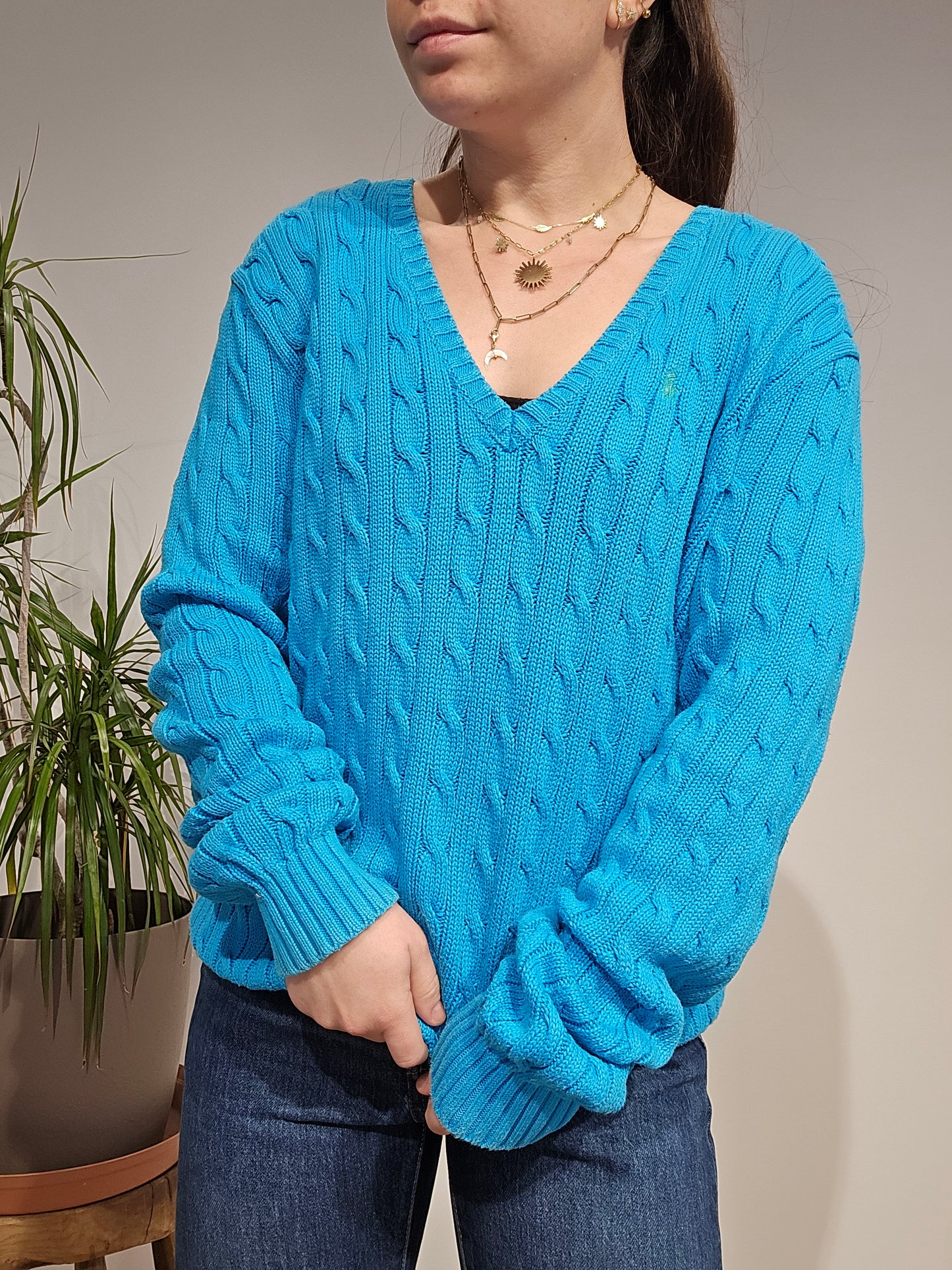Pull col V en maille torsadée bleu - L/XL