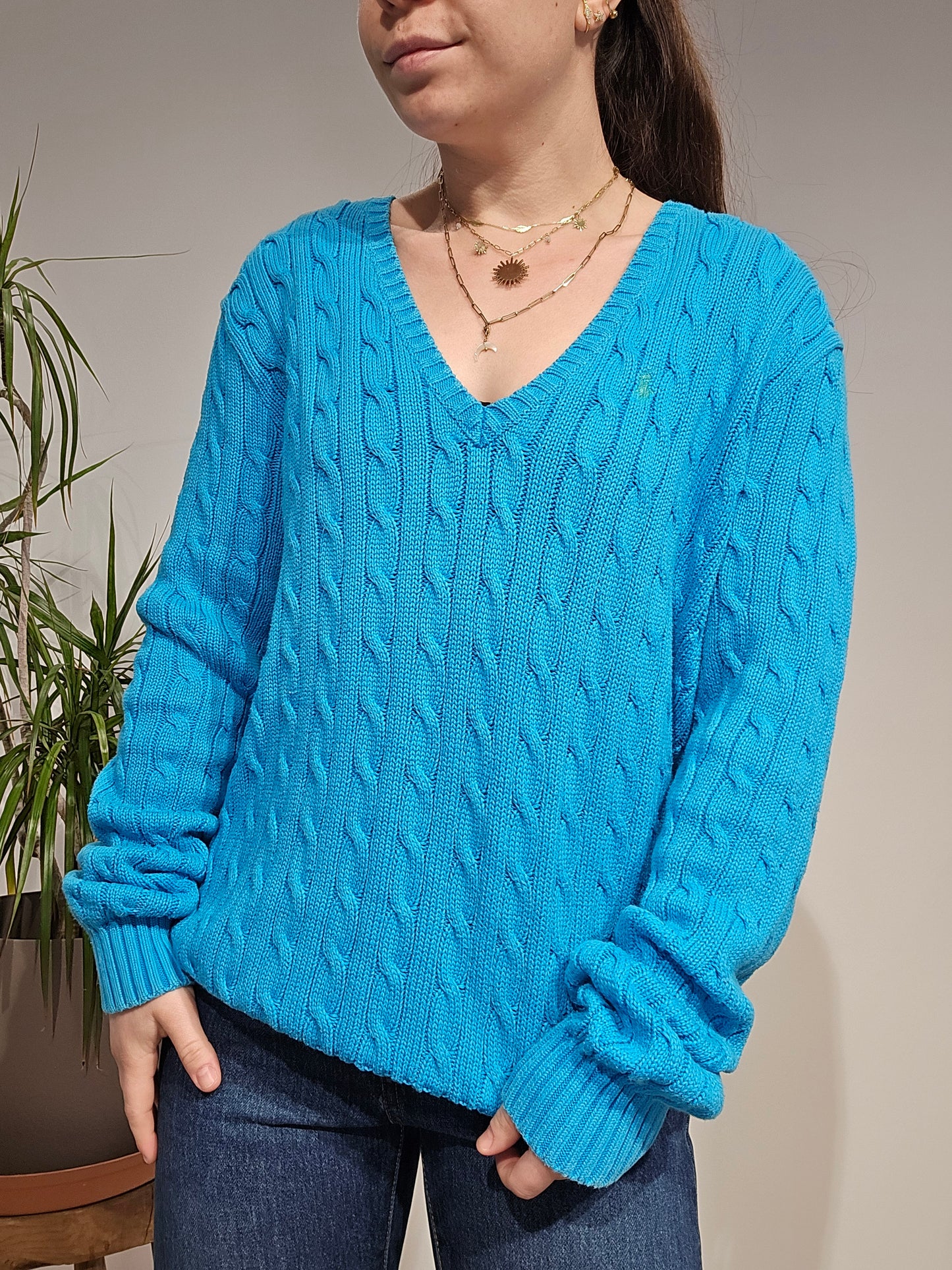 Pull col V en maille torsadée bleu - L/XL