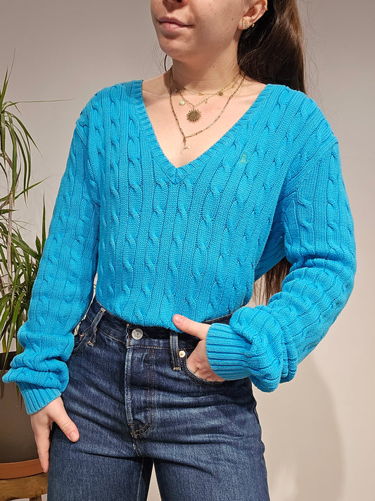 Pull col V en maille torsadée bleu - L/XL