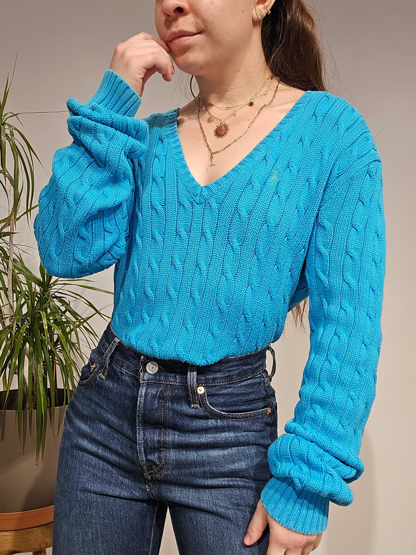 Pull col V en maille torsadée bleu - L/XL