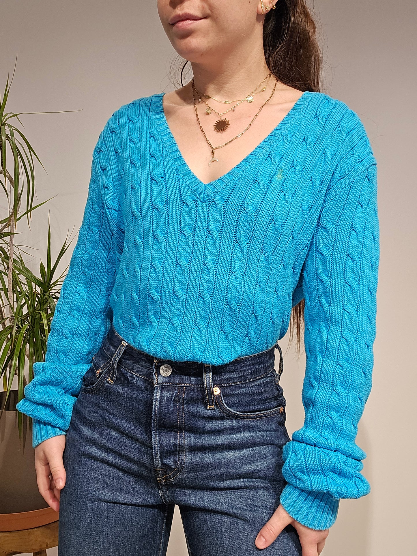 Pull col V en maille torsadée bleu - L/XL
