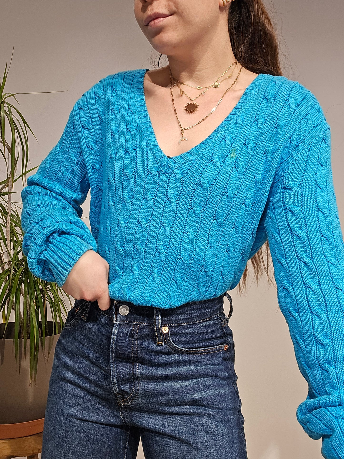 Pull col V en maille torsadée bleu - L/XL