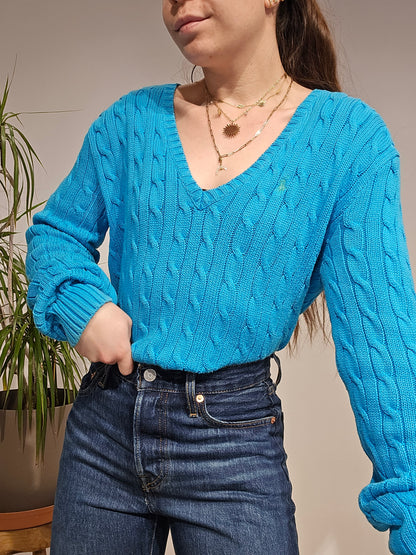 Pull col V en maille torsadée bleu - L/XL