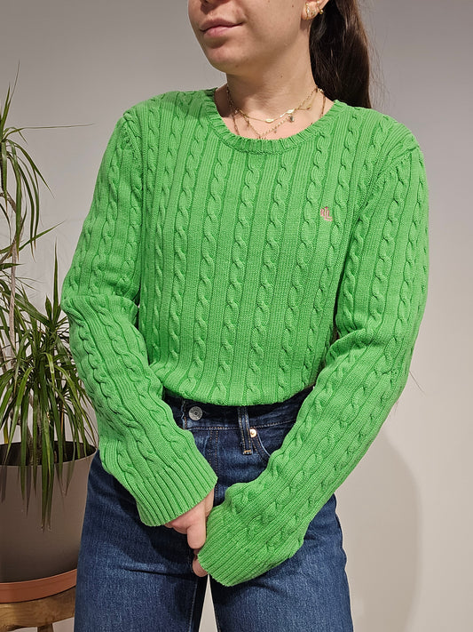 Pull col rond en maille torsadée vert - L