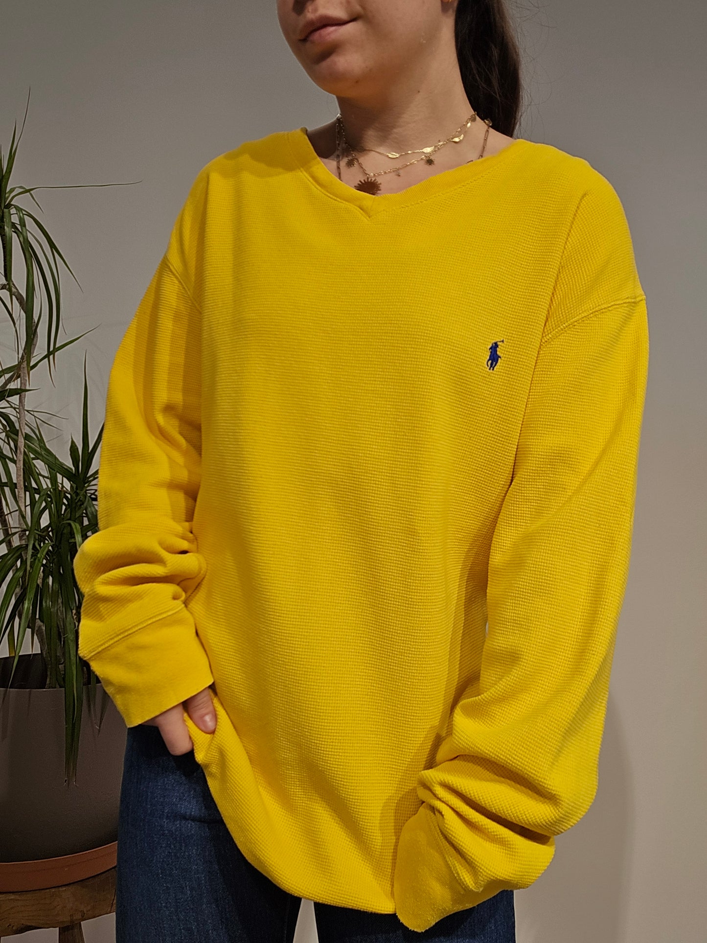 Pull léger en maille piquée jaune - XL
