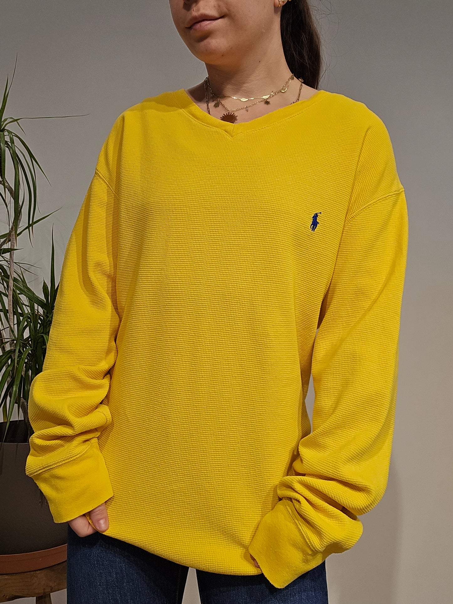 Pull léger en maille piquée jaune - XL
