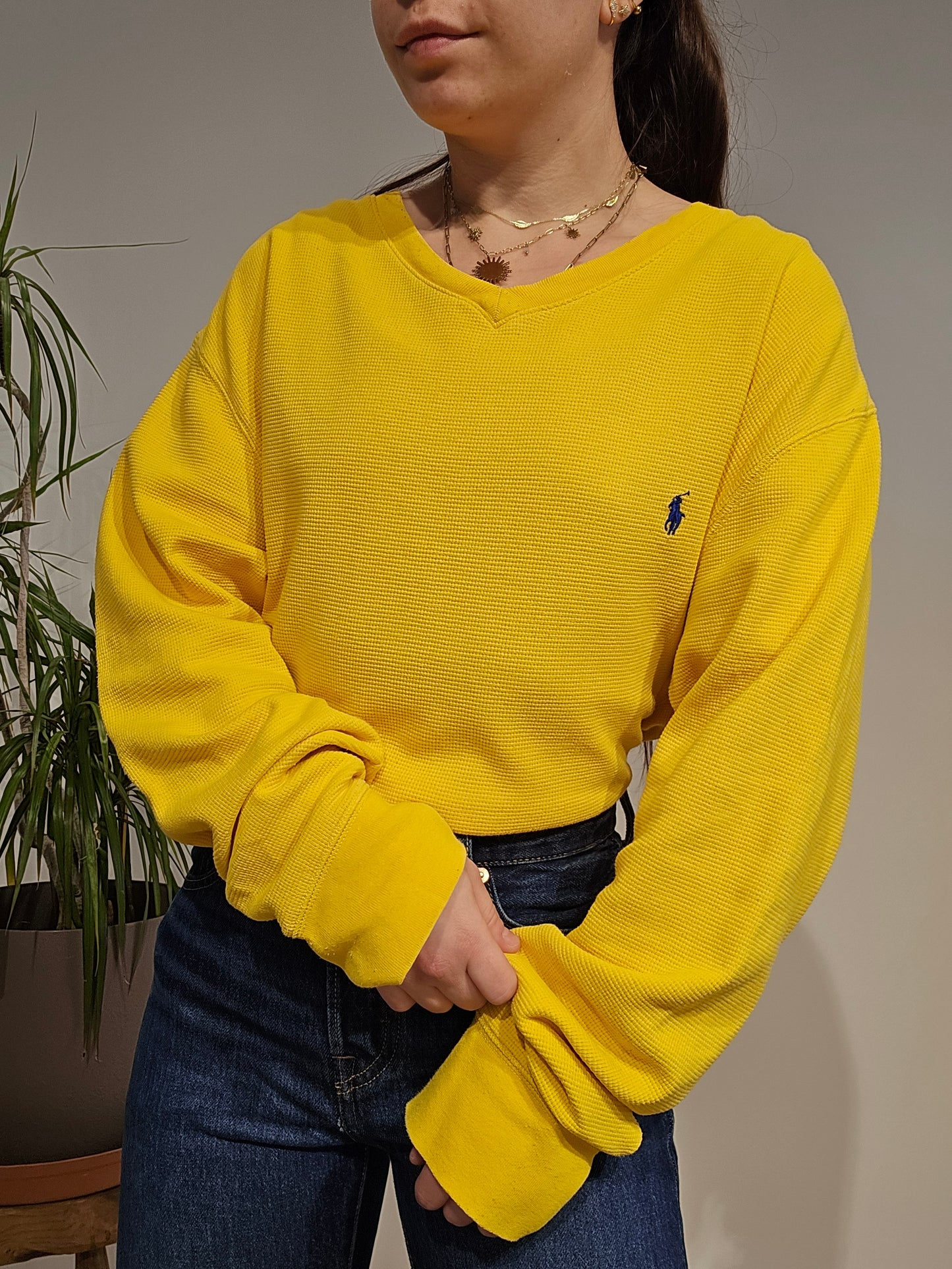 Pull léger en maille piquée jaune - XL