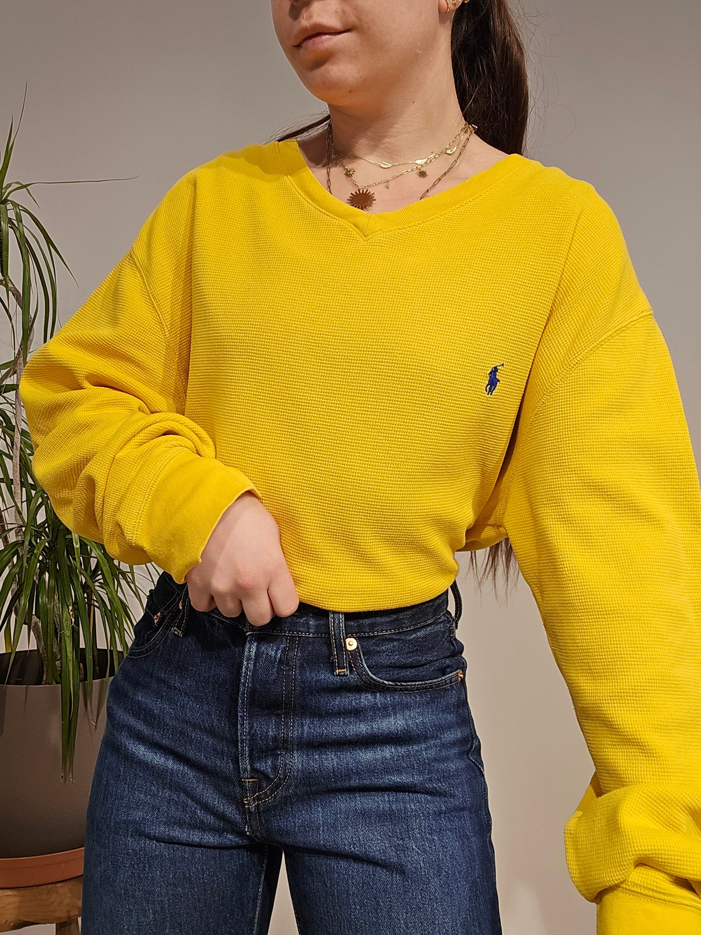 Pull léger en maille piquée jaune - XL