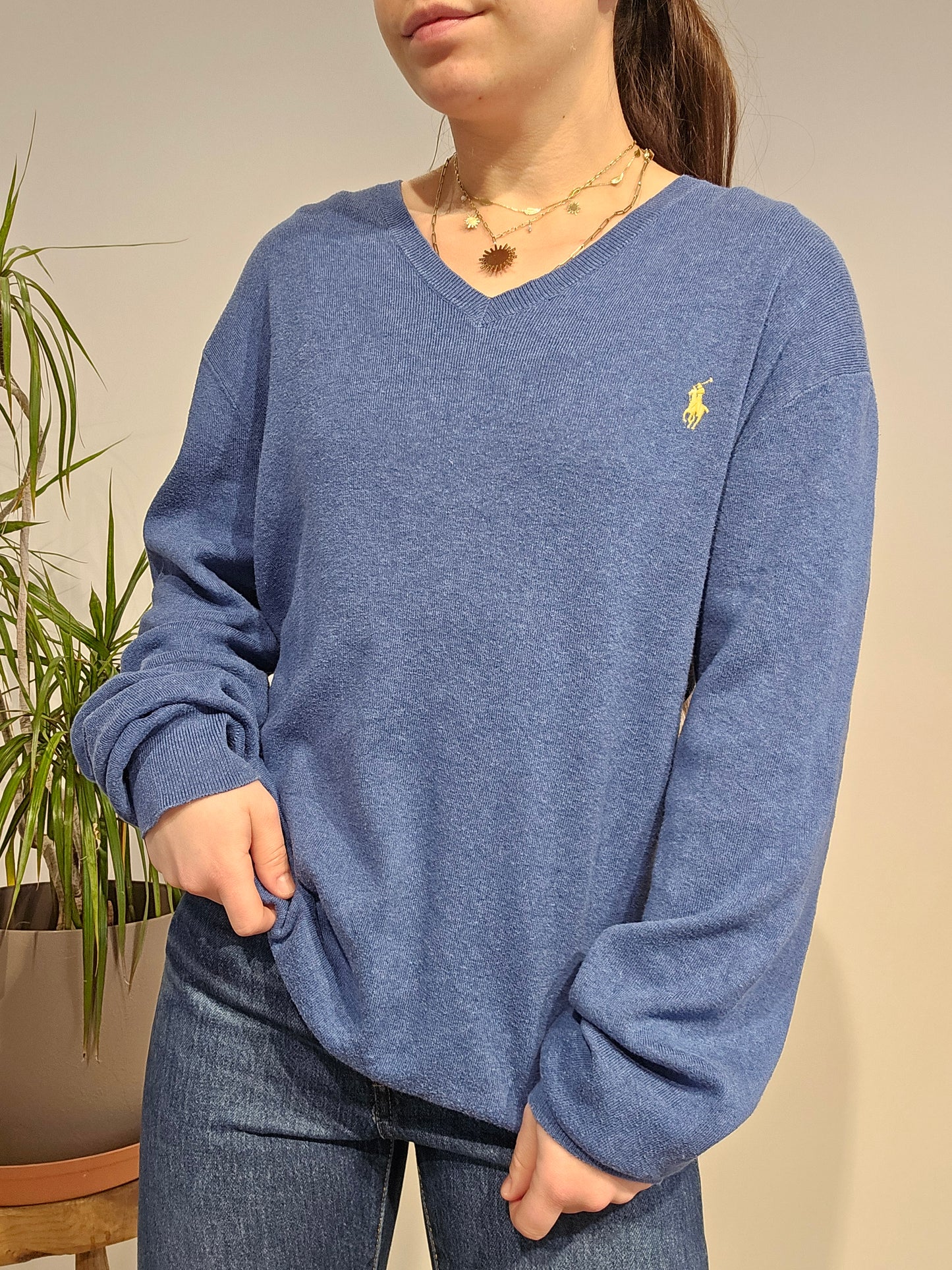 Pull léger col V en coton bleu - L