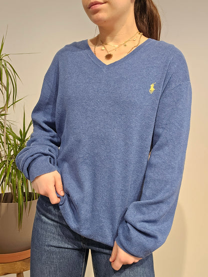 Pull léger col V en coton bleu - L