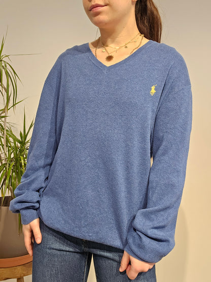 Pull léger col V en coton bleu - L