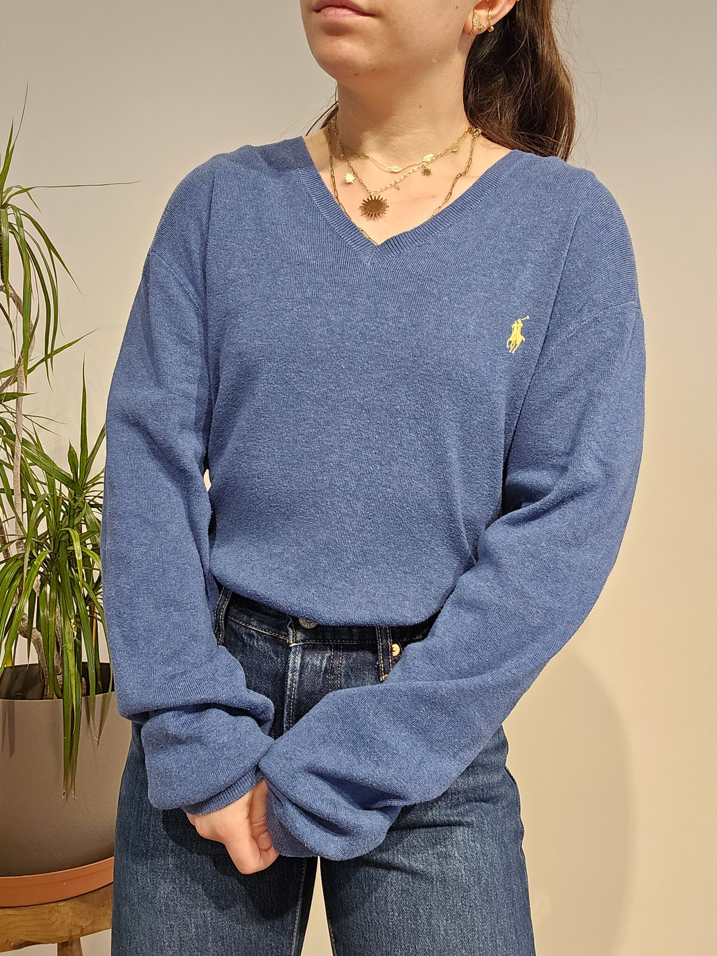 Pull léger col V en coton bleu - L