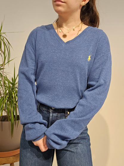 Pull léger col V en coton bleu - L