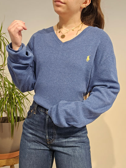 Pull léger col V en coton bleu - L