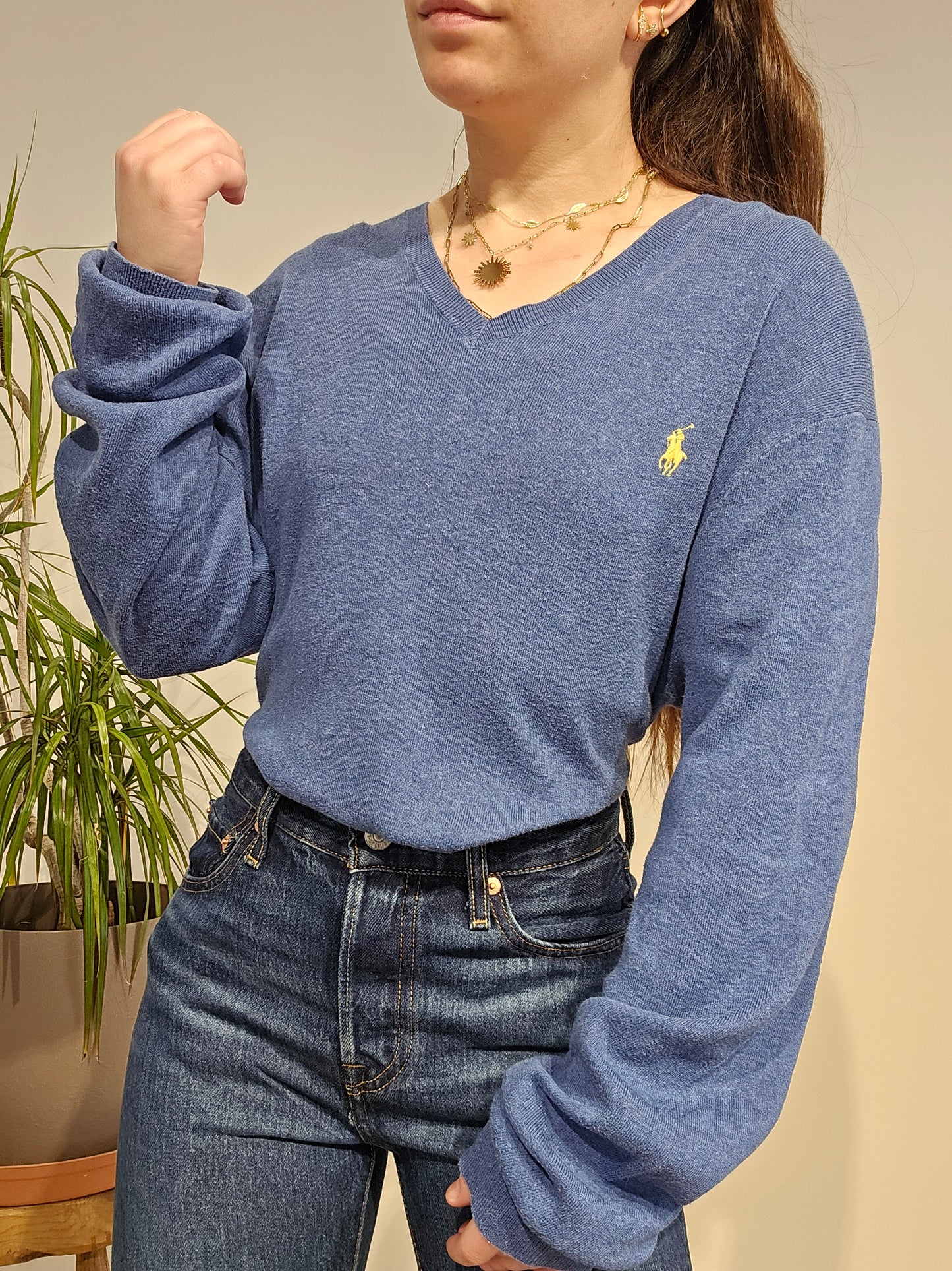 Pull léger col V en coton bleu - L