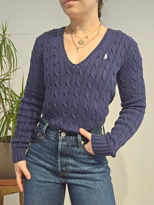Pull col V en maille torsadée marine - XS/S