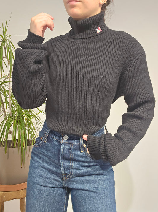 Pull col roulé en maille côtelée noir - L/XL