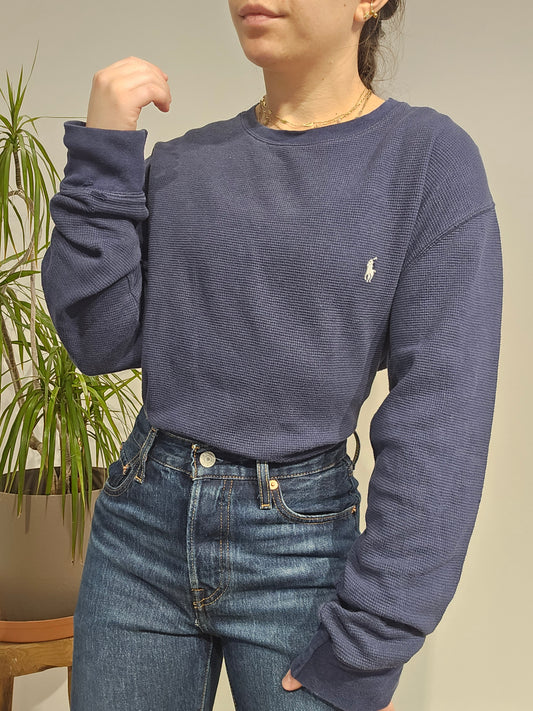Pull col rond en maille piquée marine - L
