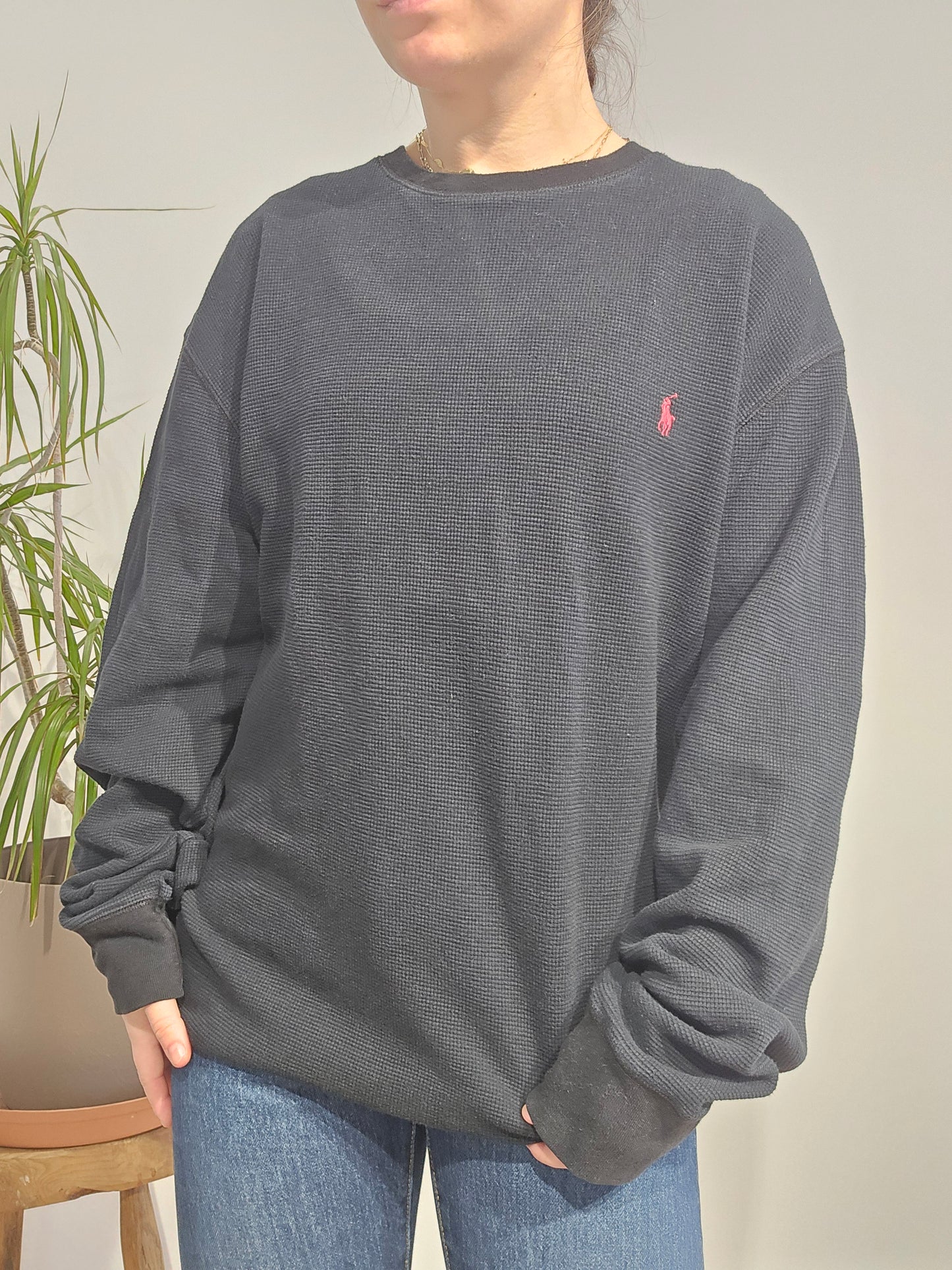 Pull col rond en maille piquée noir - XXL