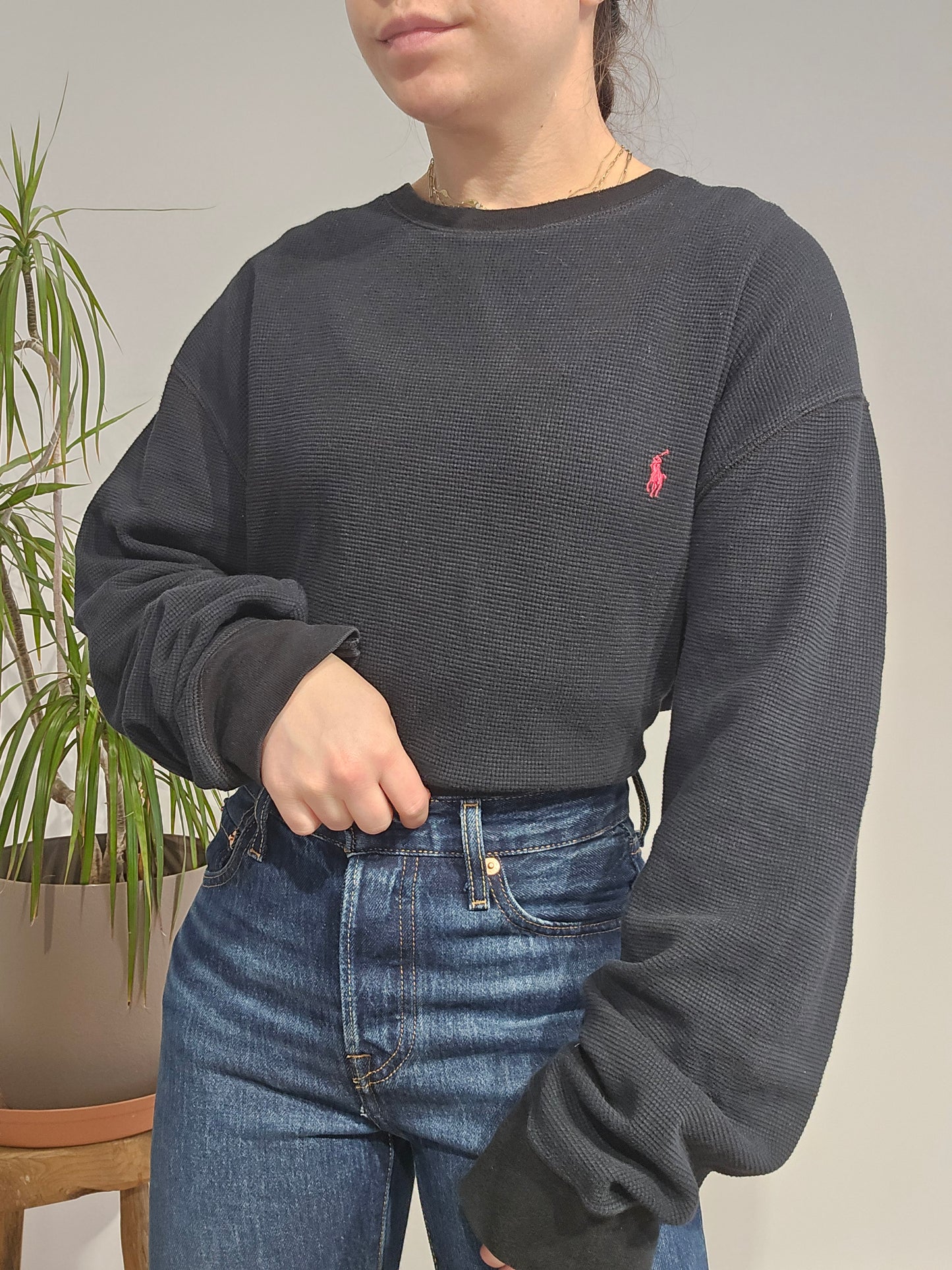 Pull col rond en maille piquée noir - XXL