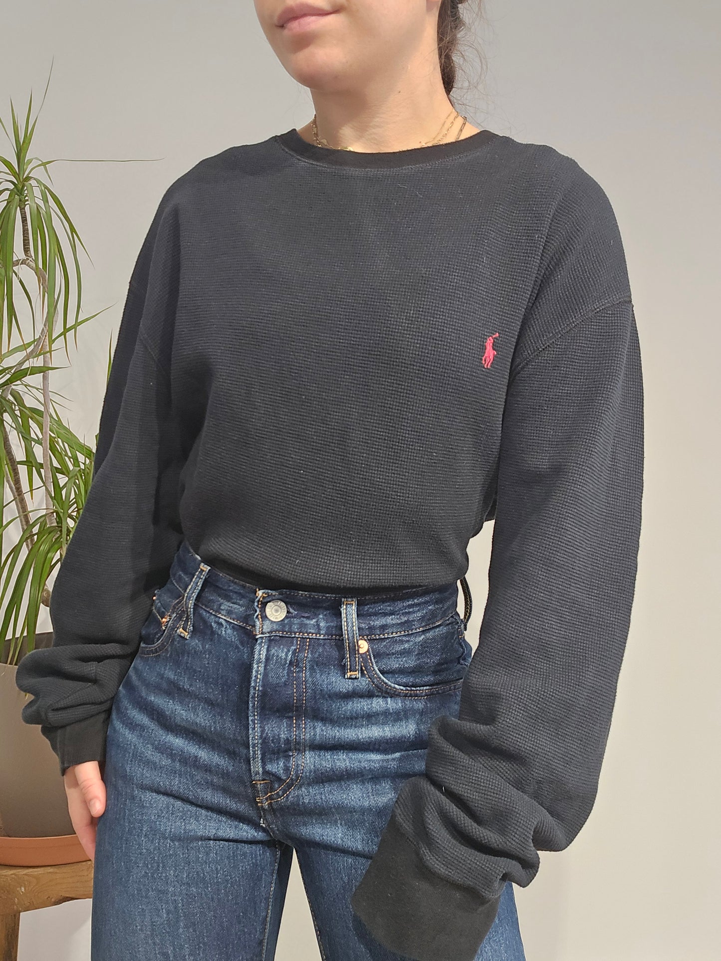 Pull col rond en maille piquée noir - XXL
