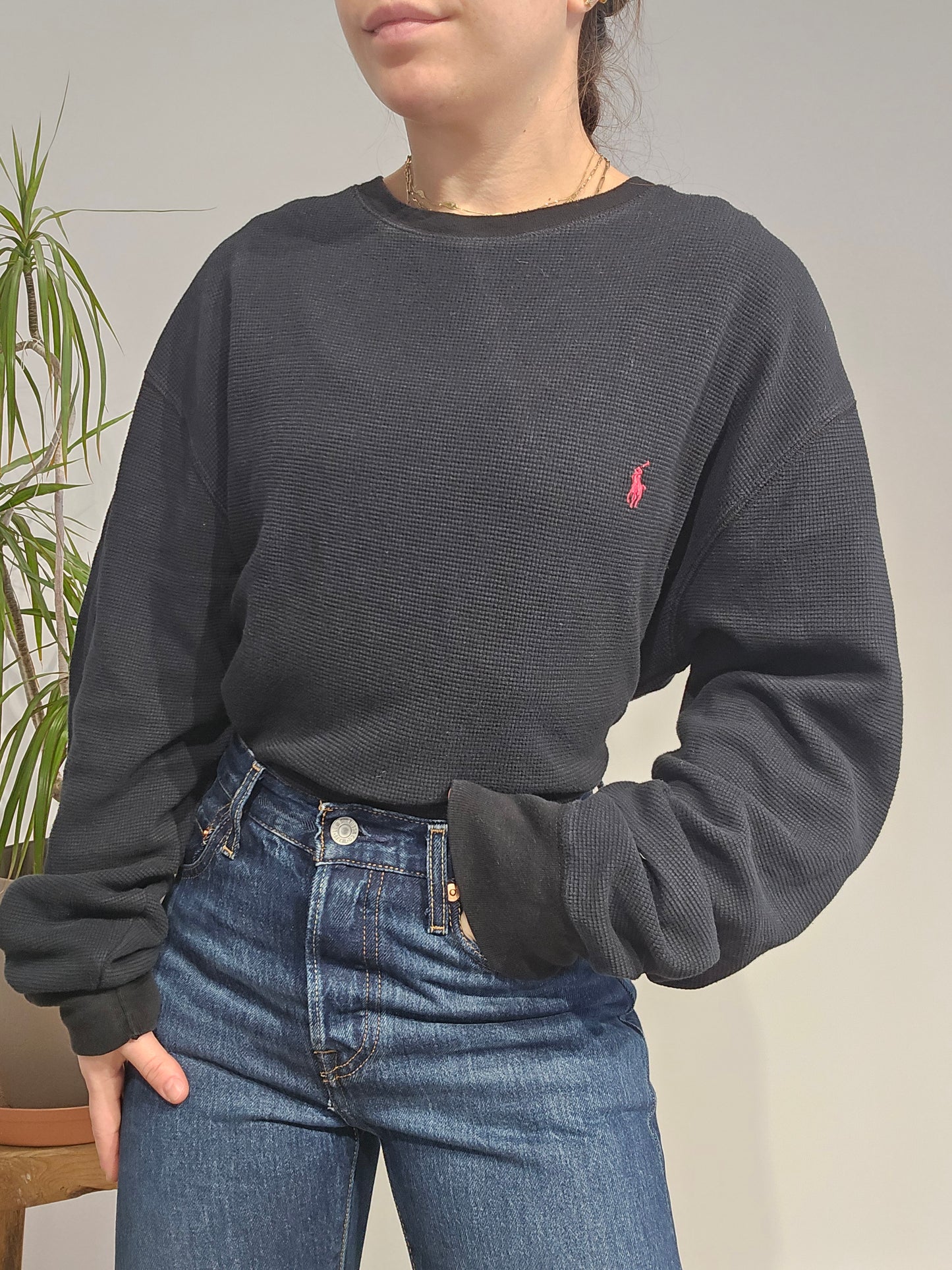 Pull col rond en maille piquée noir - XXL