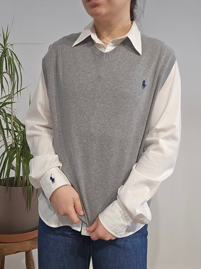 Pull col V en coton gris sans manches - M