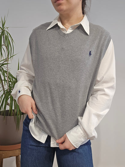 Pull col V en coton gris sans manches - M
