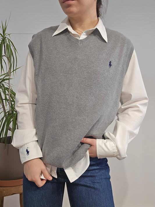 Pull col V en coton gris sans manches - M