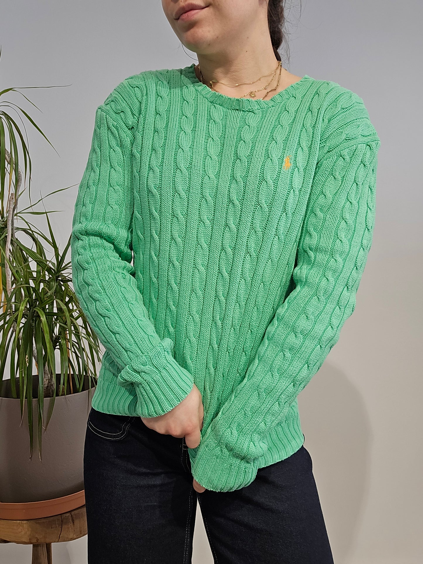 Pull col rond en maille torsadée vert - S
