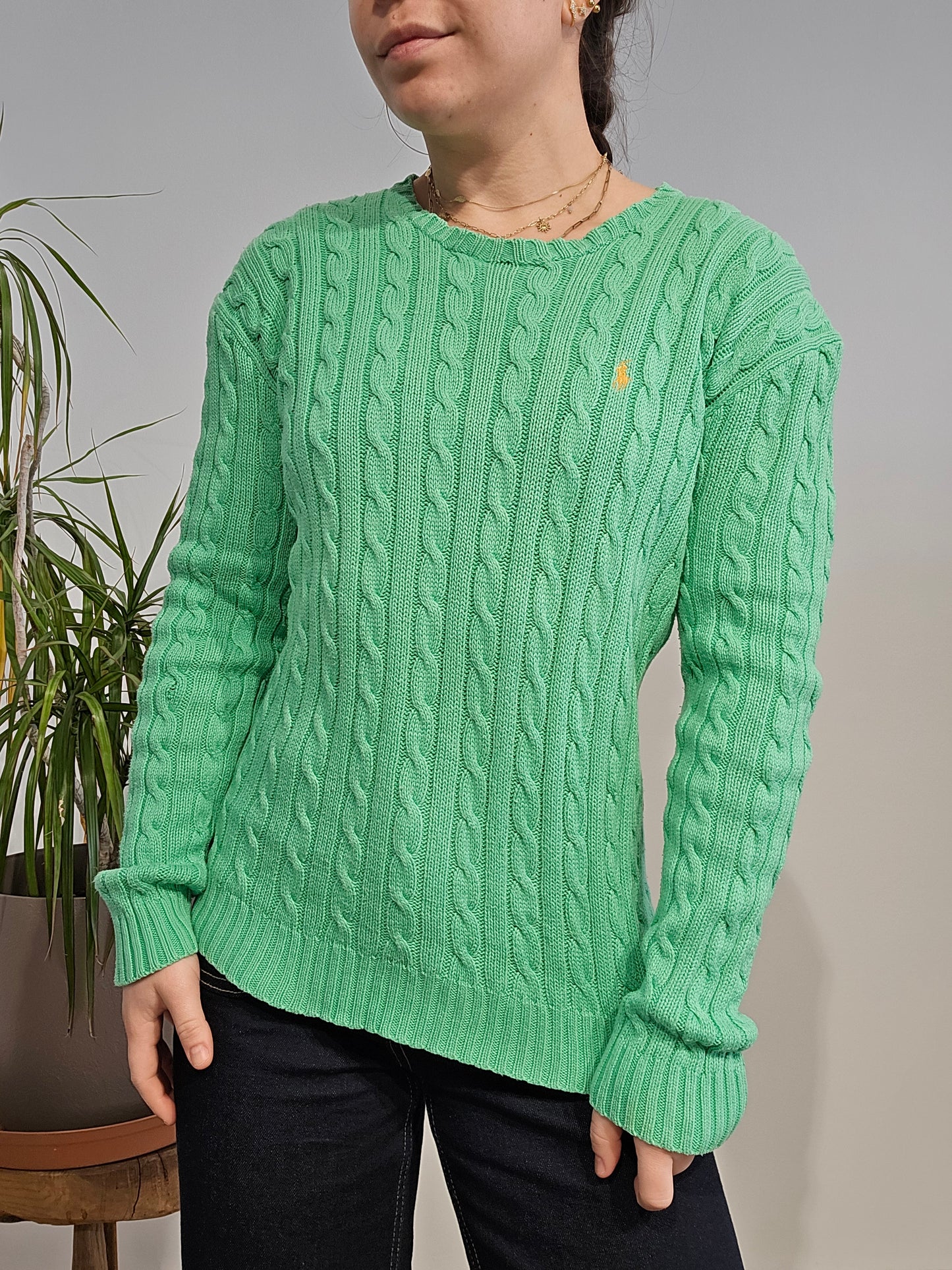 Pull col rond en maille torsadée vert - S