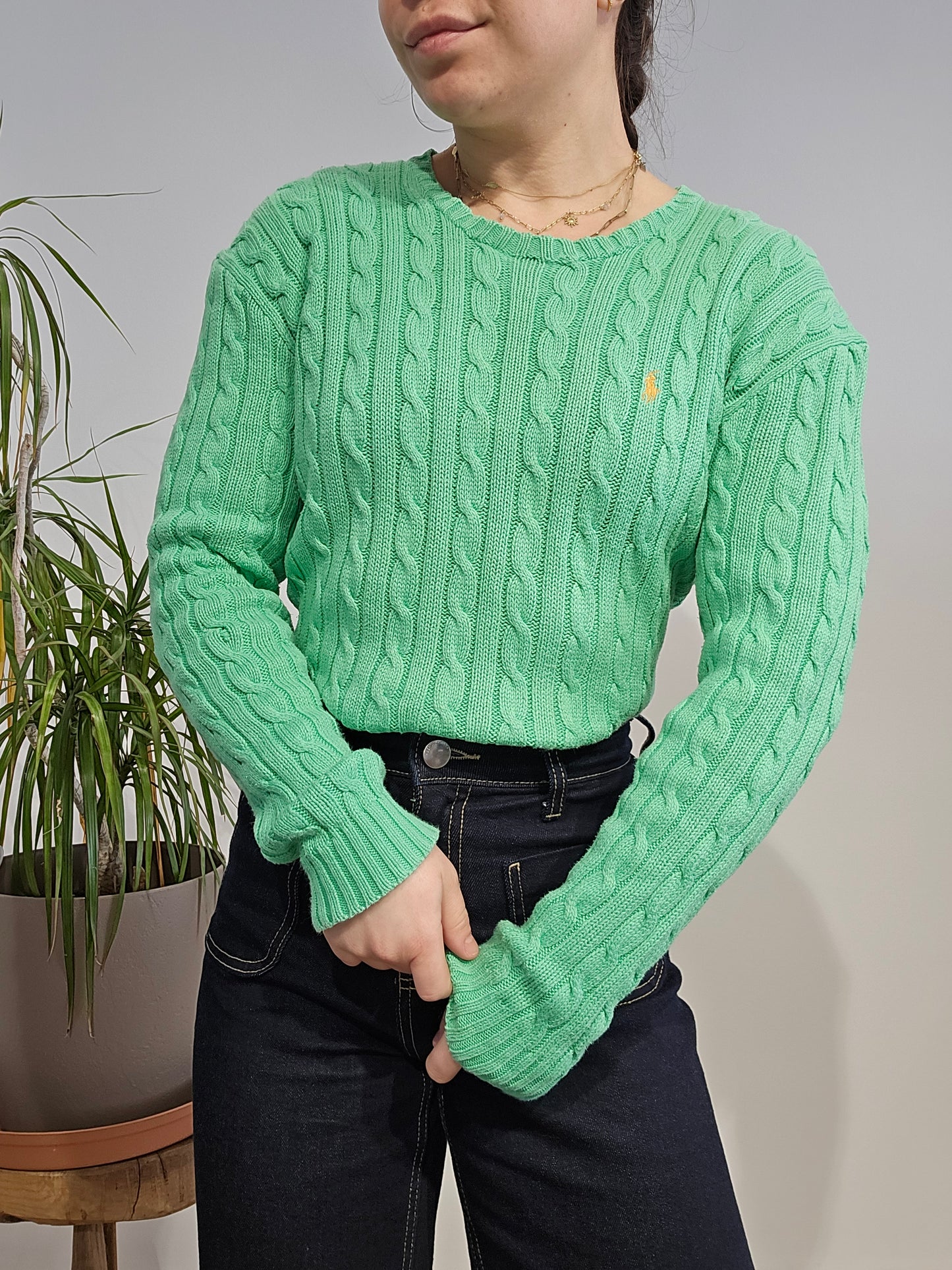 Pull col rond en maille torsadée vert - S