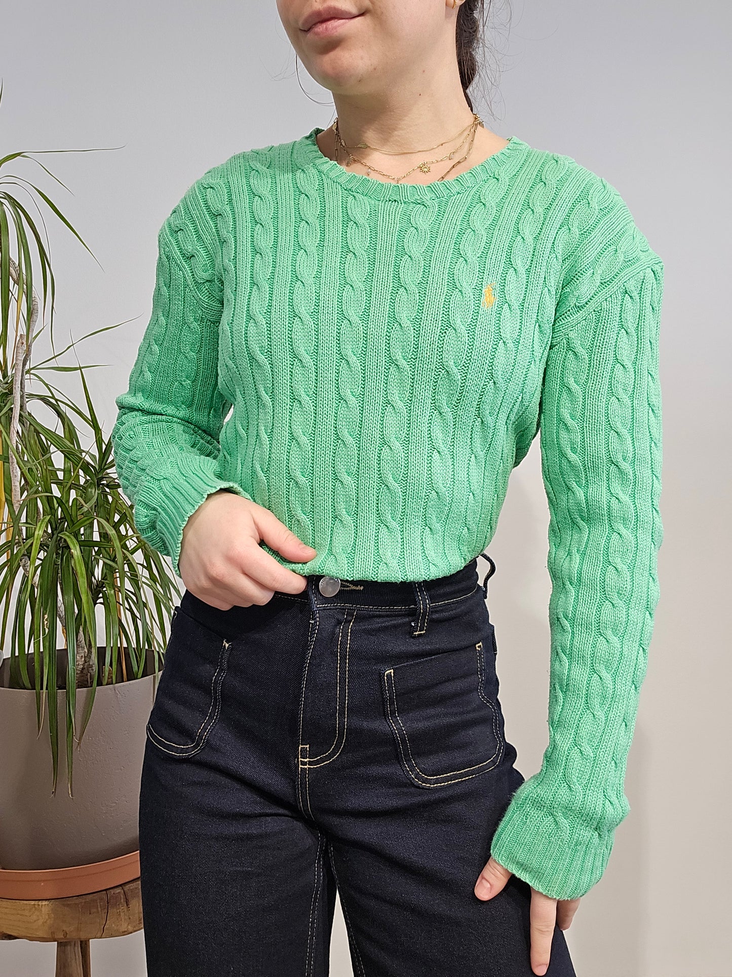 Pull col rond en maille torsadée vert - S