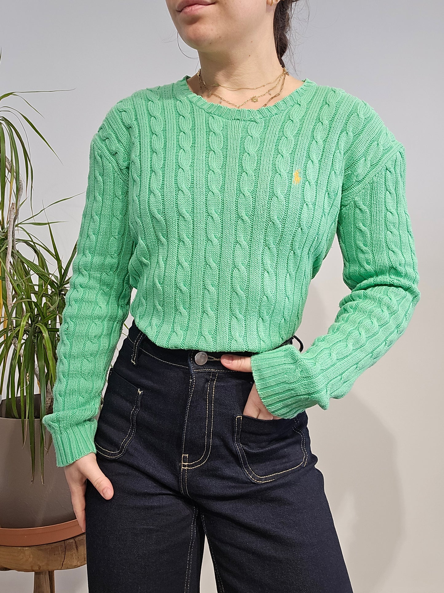 Pull col rond en maille torsadée vert - S