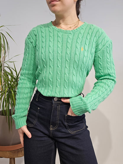 Pull col rond en maille torsadée vert - S
