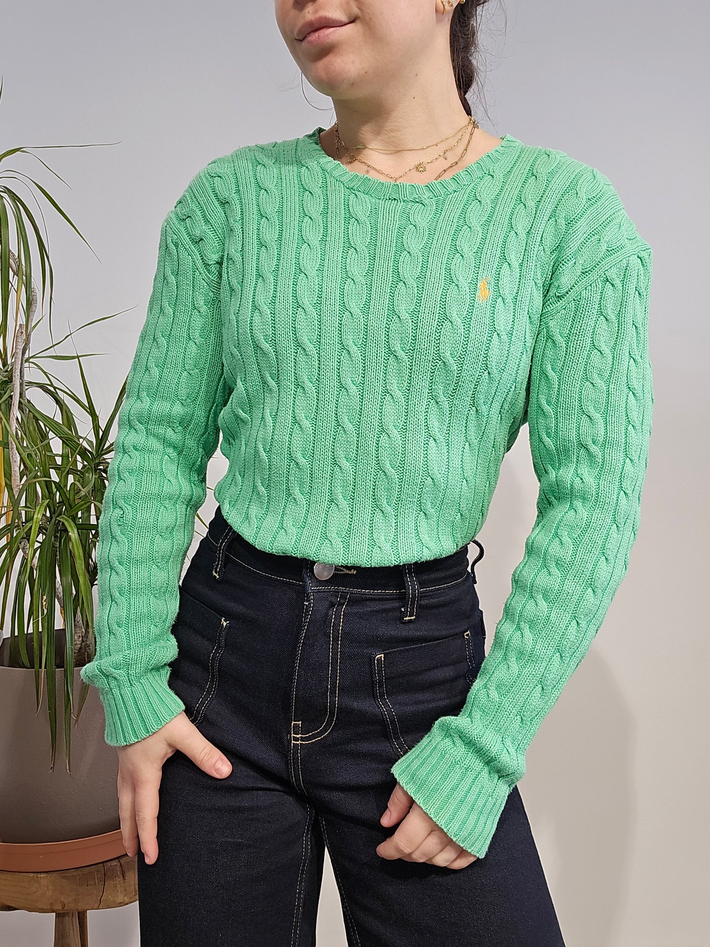 Pull col rond en maille torsadée vert - S