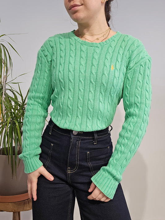 Pull col rond en maille torsadée vert - S