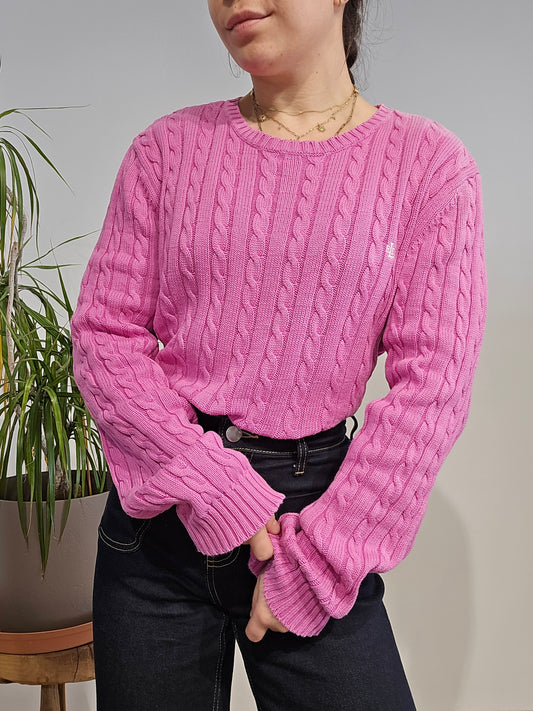 Pull col rond en maille torsadée rose - M