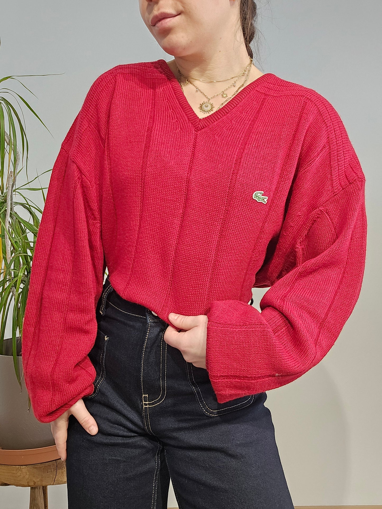 Pull col V rouge des années 90' - XL