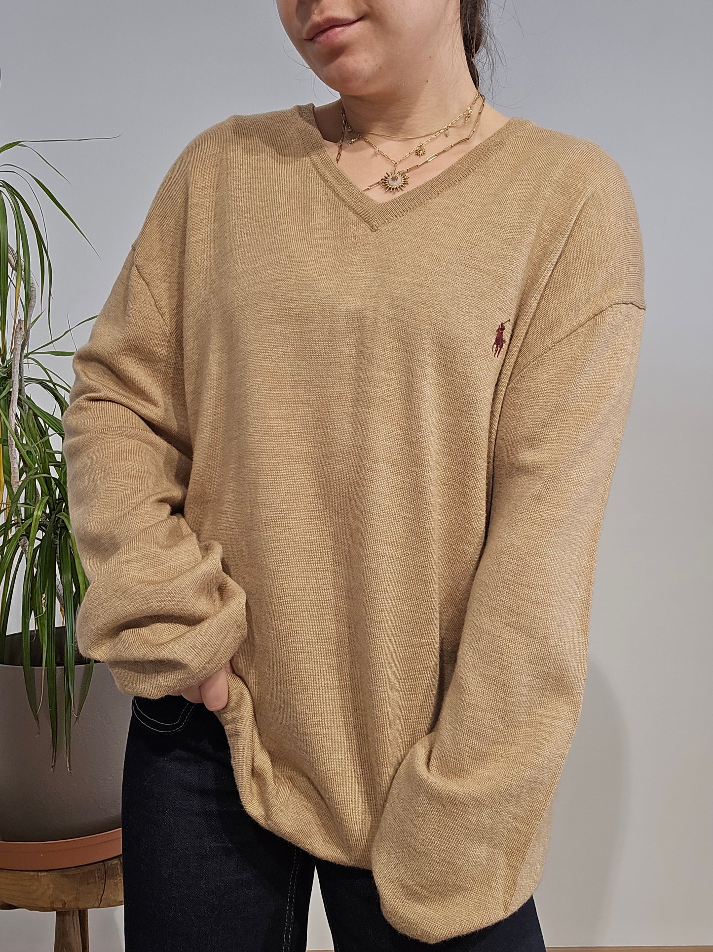 Pull léger col V marron - XXL