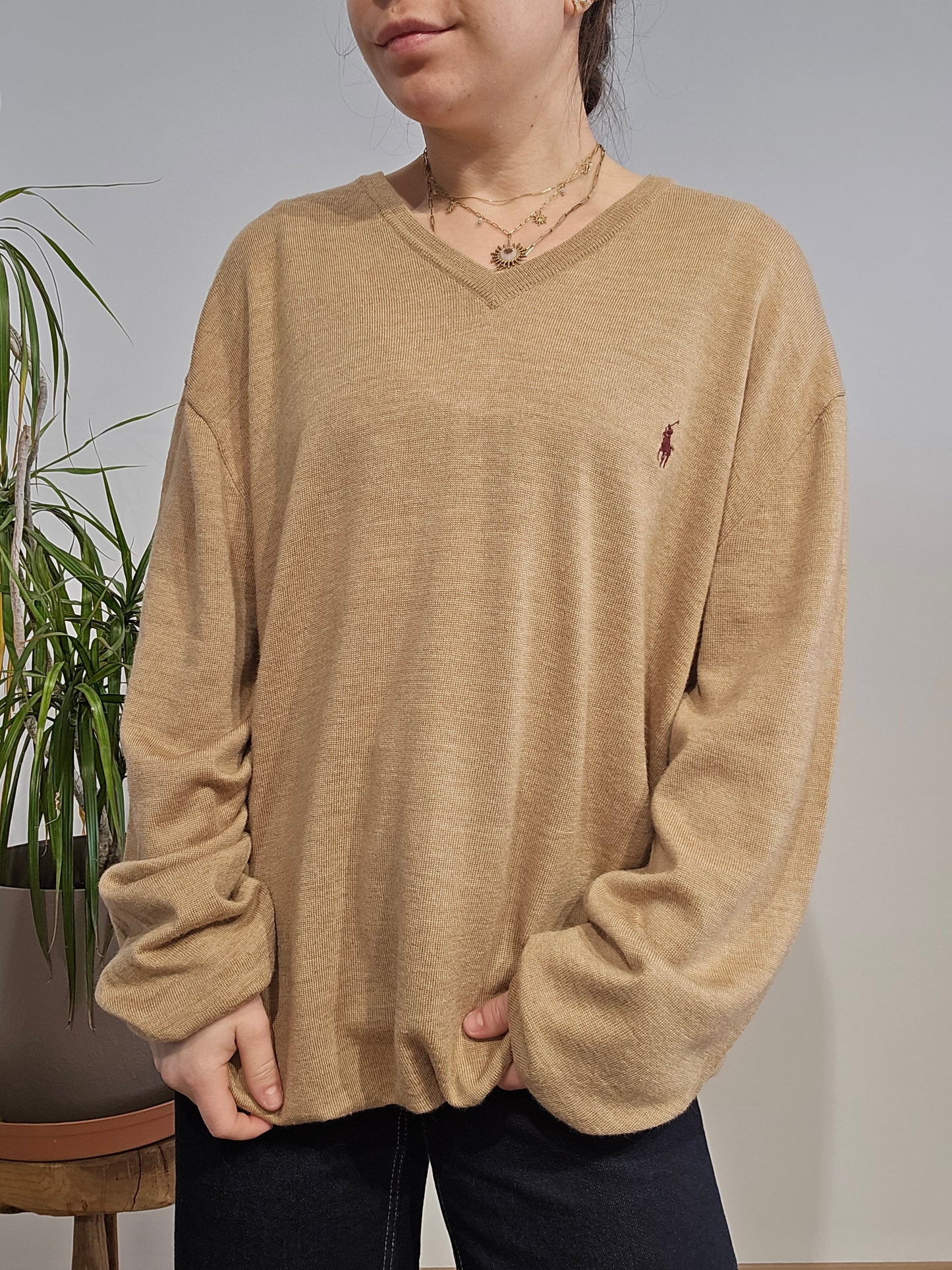 Pull léger col V marron - XXL